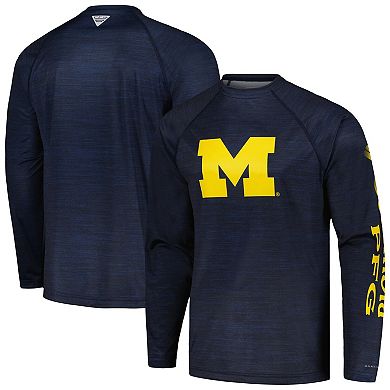Men's Columbia Navy Michigan Wolverines PFG Terminal Tackle Omni-Shade Raglan Long Sleeve T-Shirt