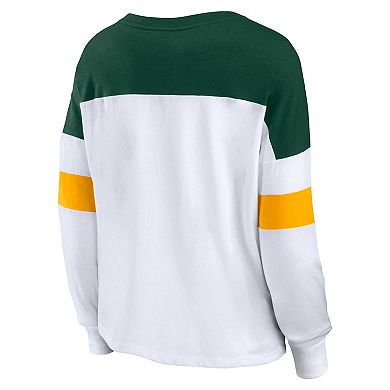 Women's Fanatics Branded White/Green Green Bay Packers Plus Size Even Match Lace-Up Long Sleeve V-Neck T-Shirt