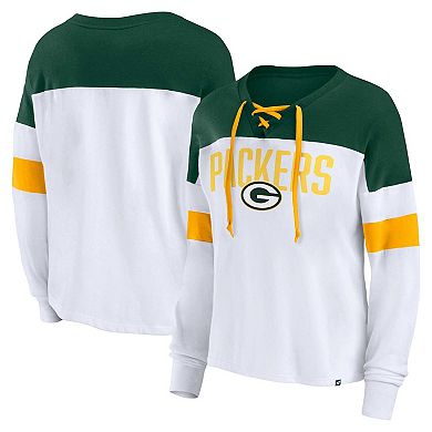 Women's Fanatics Branded White/Green Green Bay Packers Plus Size Even Match Lace-Up Long Sleeve V-Neck T-Shirt