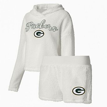 Women's Concepts Sport White Green Bay Packers Fluffy Pullover Sweatshirt & Shorts Sleep Set