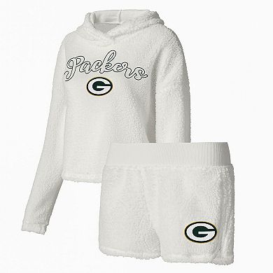 Women's Concepts Sport White Green Bay Packers Fluffy Pullover Sweatshirt & Shorts Sleep Set
