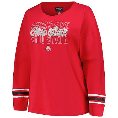 Women's Profile Scarlet Ohio State Buckeyes Plus Size Triple Script Scoop Neck Long Sleeve T-Shirt