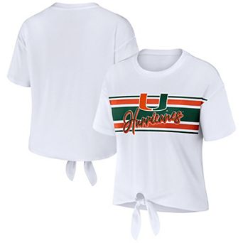 Women's WEAR by Erin Andrews White Miami Hurricanes Striped Front Knot Cropped T-Shirt