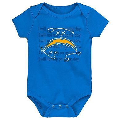 Newborn & Infant Gold/Powder Blue/Heather Gray Los Angeles Chargers Three-Pack Eat, Sleep & Drool Retro Bodysuit Set