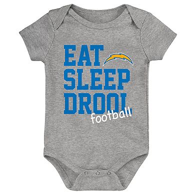 Newborn & Infant Gold/Powder Blue/Heather Gray Los Angeles Chargers Three-Pack Eat, Sleep & Drool Retro Bodysuit Set