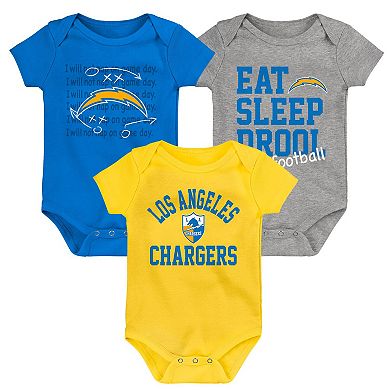 Newborn & Infant Gold/Powder Blue/Heather Gray Los Angeles Chargers Three-Pack Eat, Sleep & Drool Retro Bodysuit Set