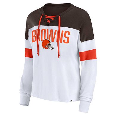 Women's Fanatics Branded White/Brown Cleveland Browns Plus Size Even Match Lace-Up Long Sleeve V-Neck T-Shirt