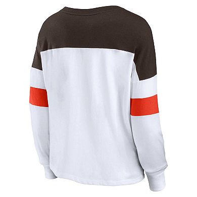 Women's Fanatics Branded White/Brown Cleveland Browns Plus Size Even Match Lace-Up Long Sleeve V-Neck T-Shirt