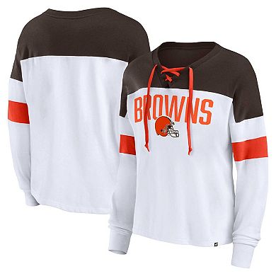 Women's Fanatics Branded White/Brown Cleveland Browns Plus Size Even Match Lace-Up Long Sleeve V-Neck T-Shirt