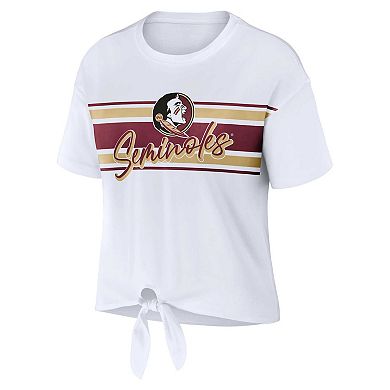Women's WEAR by Erin Andrews White Florida State Seminoles Striped Front Knot Cropped T-Shirt