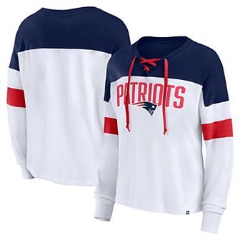 Women's Fanatics Branded White/Navy New England Patriots Plus Size Even Match Lace-Up Long Sleeve V-Neck T-Shirt