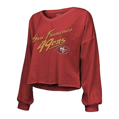 Women's Majestic Threads Christian McCaffrey Scarlet San Francisco 49ers Name & Number Off-Shoulder Script Cropped Long Sleeve V-Neck T-Shirt