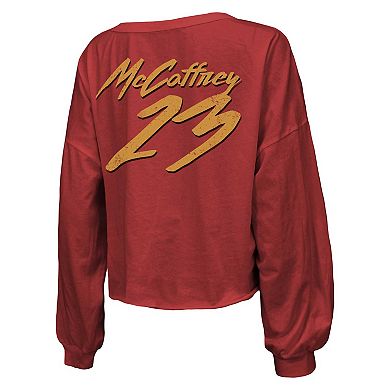 Women's Majestic Threads Christian McCaffrey Scarlet San Francisco 49ers Name & Number Off-Shoulder Script Cropped Long Sleeve V-Neck T-Shirt