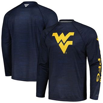 Men's Columbia Navy West Virginia Mountaineers PFG Terminal Tackle Omni-Shade Raglan Long Sleeve T-Shirt