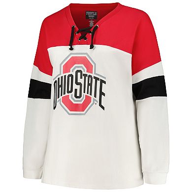 Women's Profile White Ohio State Buckeyes Plus Size Colorblock Lace-Up Long Sleeve T-Shirt