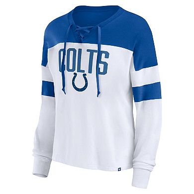 Women's Fanatics Branded White/Royal Indianapolis Colts Plus Size Even Match Lace-Up Long Sleeve V-Neck T-Shirt
