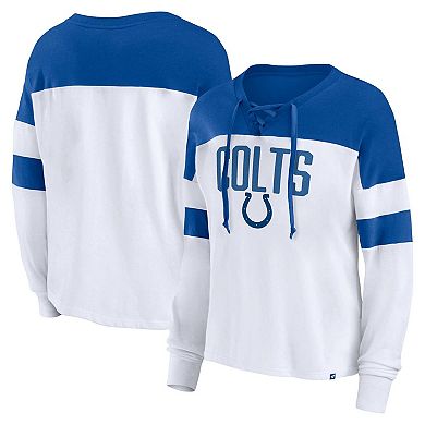 Women's Fanatics Branded White/Royal Indianapolis Colts Plus Size Even Match Lace-Up Long Sleeve V-Neck T-Shirt