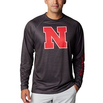 Men's Columbia Heather Charcoal Nebraska Huskers PFG Terminal Tackle Omni-Shade Raglan Long Sleeve T-Shirt