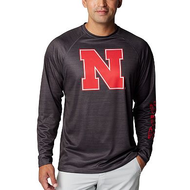Men's Columbia Heather Charcoal Nebraska Huskers PFG Terminal Tackle Omni-Shade Raglan Long Sleeve T-Shirt