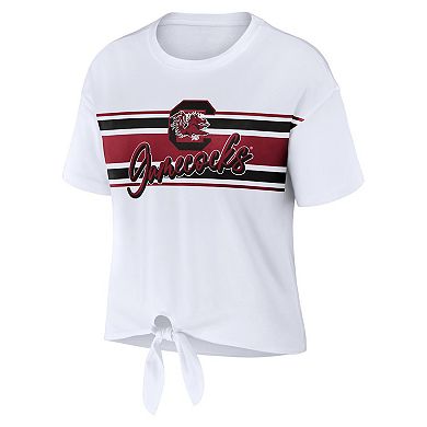 Women's WEAR by Erin Andrews White South Carolina Gamecocks Striped Front Knot Cropped T-Shirt