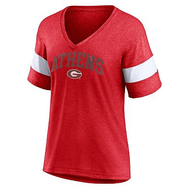 Women's Profile Heather Red Georgia Bulldogs Plus Size Arched City Sleeve Stripe V-Neck T-Shirt