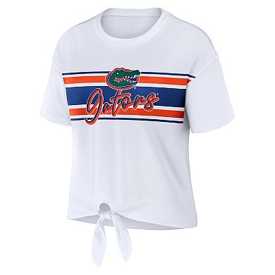 Women's WEAR by Erin Andrews White Florida Gators Striped Front Knot Cropped T-Shirt