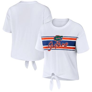 Women's WEAR by Erin Andrews White Florida Gators Striped Front Knot Cropped T-Shirt