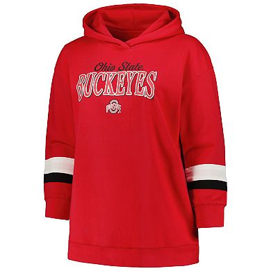 Women's Profile Scarlet Ohio State Buckeyes Plus Size Badge Bridge Stripe Pullover Hoodie