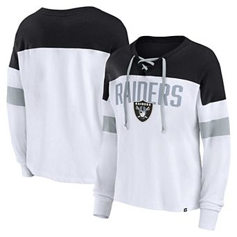 Women's Fanatics Branded White/Black Las Vegas Raiders Plus Size Even Match Lace-Up Long Sleeve V-Neck T-Shirt