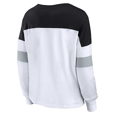 Women's Fanatics Branded White/Black Las Vegas Raiders Plus Size Even Match Lace-Up Long Sleeve V-Neck T-Shirt