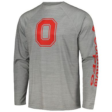 Men's Columbia Gray Ohio State Buckeyes PFG Terminal Tackle Omni-Shade Raglan Long Sleeve T-Shirt