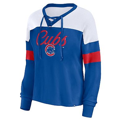 Women's Fanatics Branded Royal/White Chicago Cubs Even Match Lace-Up Long Sleeve V-Neck T-Shirt