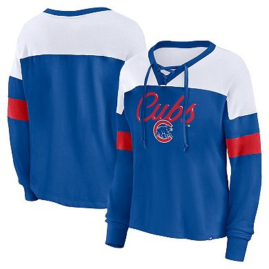 Women's Fanatics Branded Royal/White Chicago Cubs Even Match Lace-Up Long Sleeve V-Neck T-Shirt