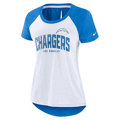 Women's Nike White/Heather Powder Blue Los Angeles Chargers Back Cutout Raglan T-Shirt