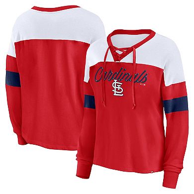 Women's Fanatics Branded Red/White St. Louis Cardinals Even Match Lace-Up Long Sleeve V-Neck T-Shirt
