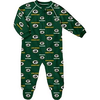 Infant Green Green Bay Packers Allover Print Raglan Full-Zip Sleeper