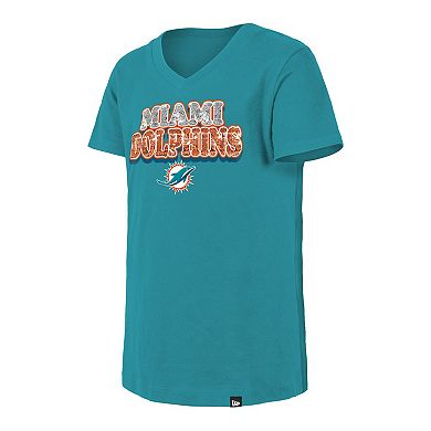 Girls Youth New Era Aqua Miami Dolphins Reverse Sequin V-Neck T-Shirt