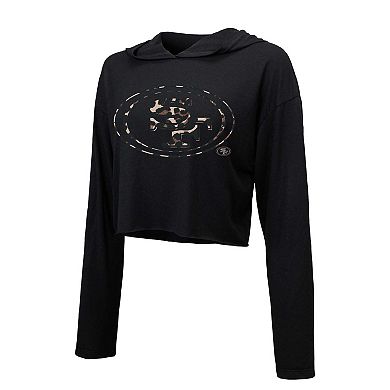 Women's Majestic Threads Christian McCaffrey Black San Francisco 49ers Leopard Player Name & Number Long Sleeve Cropped Hoodie
