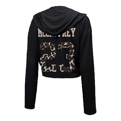 Women's Majestic Threads Christian McCaffrey Black San Francisco 49ers Leopard Player Name & Number Long Sleeve Cropped Hoodie