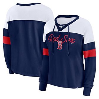 Women's Fanatics Branded Navy/White Boston Red Sox Even Match Lace-Up Long Sleeve V-Neck T-Shirt