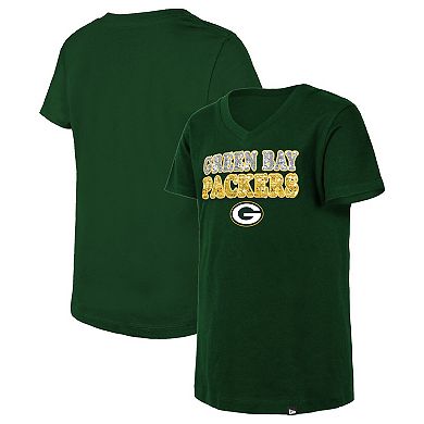 Girls Youth New Era Green Green Bay Packers Reverse Sequin V-Neck T-Shirt