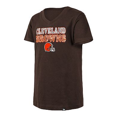 Girls Youth New Era Brown Cleveland Browns Reverse Sequin V-Neck T-Shirt
