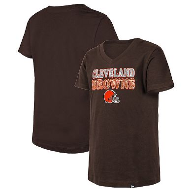 Girls Youth New Era Brown Cleveland Browns Reverse Sequin V-Neck T-Shirt