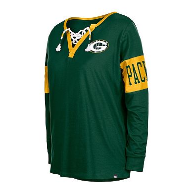 Women's New Era Green Green Bay Packers Lace-Up Notch Neck Long Sleeve T-Shirt