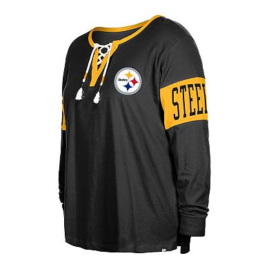 Women's New Era  Black Pittsburgh Steelers Plus Size Lace-Up Notch Neck Long Sleeve T-Shirt