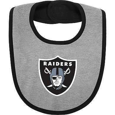 Newborn & Infant Black/Heather Gray Las Vegas Raiders Home Field Advantage Three-Piece Bodysuit, Bib & Booties Set