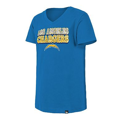Girls Youth New Era Powder Blue Los Angeles Chargers Reverse Sequin V-Neck T-Shirt