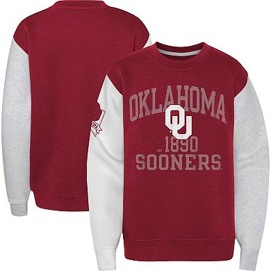 Youth Crimson Oklahoma Sooners Color Block Fleece Pullover Sweatshirt