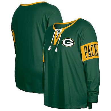 Women's New Era  Green Green Bay Packers Plus Size Lace-Up Notch Neck Long Sleeve T-Shirt