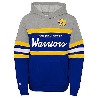 Youth Mitchell & Ness Heather Gray/Royal Golden State Warriors Hardwood Classics Head Coach Pullover Hoodie